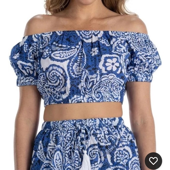 Dotti Off The Shoulder Cotton Crop Top Paisley blue and white size small NWT - Picture 1 of 4